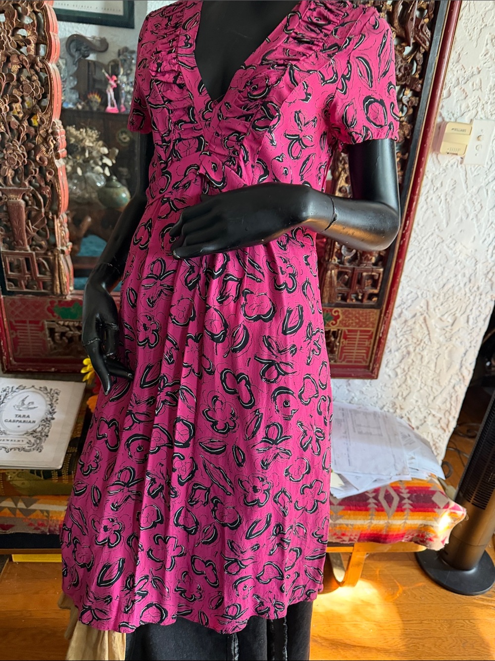 Fuchsia Floral V-Neck Midi Dress